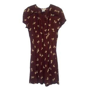 VTG Women’s Reza Burgundy w/ Leaf Print V Neck Short Sleeve Mini Dress Sz 5